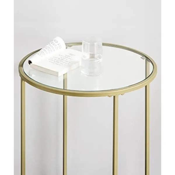 Pavil Småbord>Vasagle rund sidobord, härdat glasändbord med gyllene metallram, litet soffbord, guld