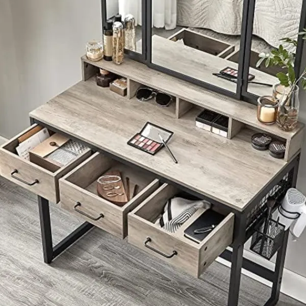Pavil Sminkbord>VASAGLE Sminkbord med vadderad pall, trippelspegel, 3 lådor, grå och svart