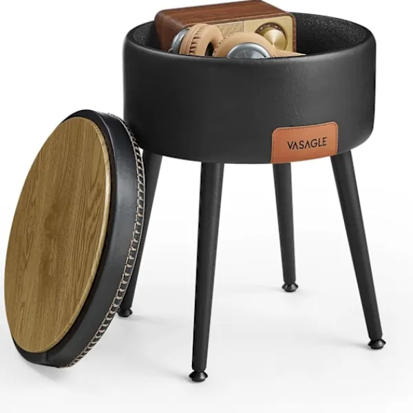 Pavil Pallar>VASAGLE Storage Ottoman, Vanity Chair Pall, Rund Storage Seat, Laster 330 lb, Ink Svart