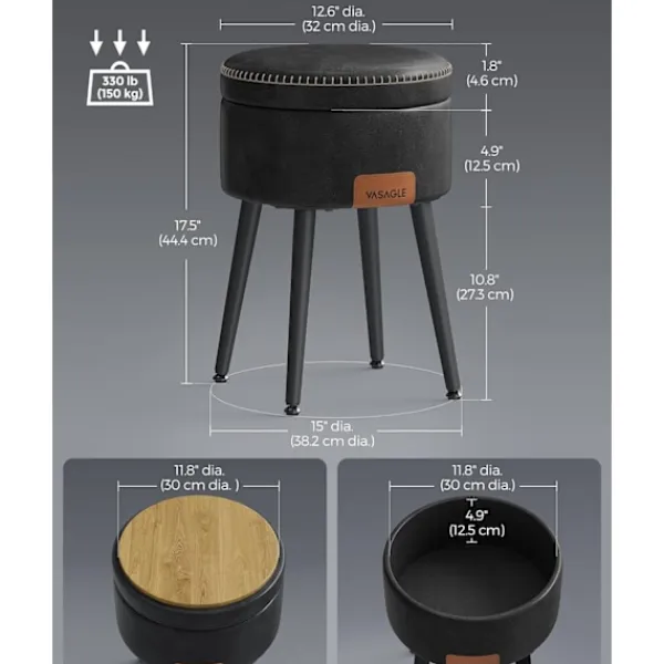 Pavil Pallar>VASAGLE Storage Ottoman, Vanity Chair Pall, Rund Storage Seat, Laster 330 lb, Ink Svart