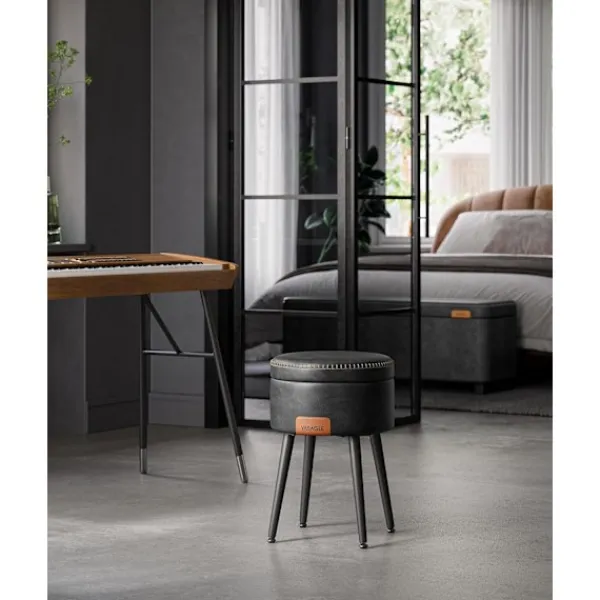 Pavil Pallar>VASAGLE Storage Ottoman, Vanity Chair Pall, Rund Storage Seat, Laster 330 lb, Ink Svart