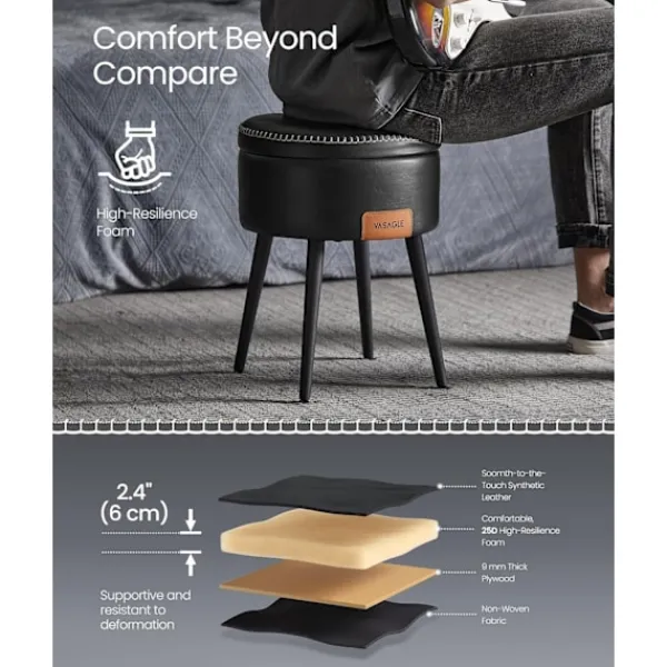 Pavil Pallar>VASAGLE Storage Ottoman, Vanity Chair Pall, Rund Storage Seat, Laster 330 lb, Ink Svart