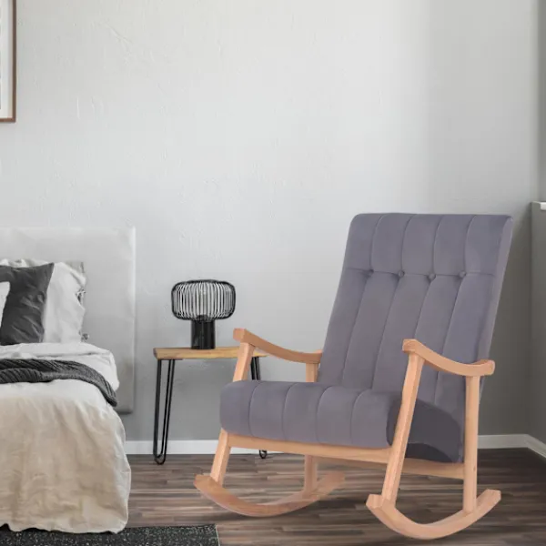 BellaFurn Fåtöljer>Velvet Rock Chair - Lounge Chair - Back Friendly Handrail, Robust Rubberwood | Färg: natur/grå