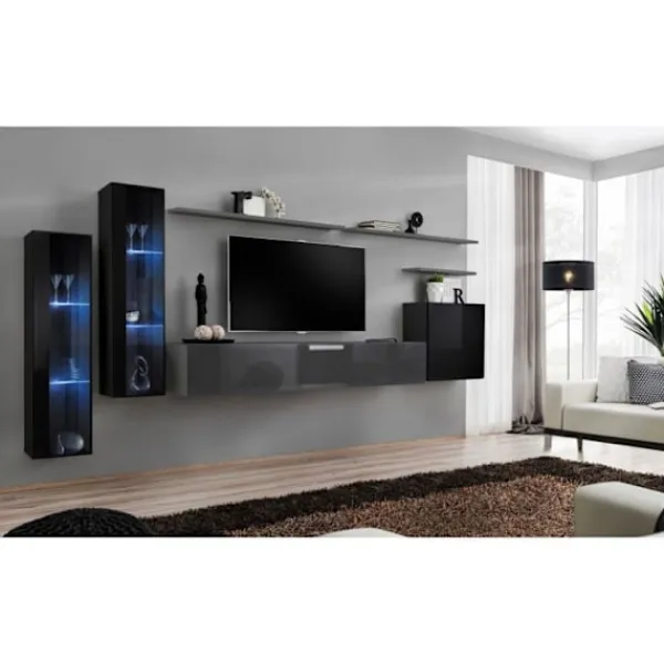 AC-DÉCO Tv-Bänkar>Väggenhet - Switch XI - 2 LED-montrar - 1 TV-bänk - 1 fyrkantig monter - 3 hyllor - Svart och grafit - Modell 2