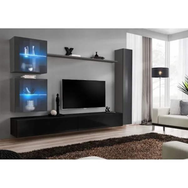 AC-DÉCO Tv-Bänkar>Väggenhet - Switch XVIII - 2 LED-montrar - 1 vertikal monter - 2 TV-bänkar - 1 hylla - Svart och grafit - Modell 1
