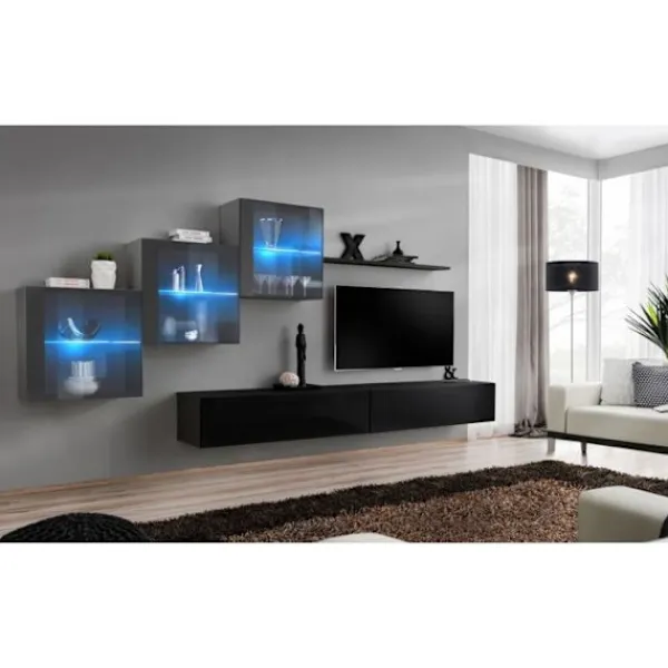 AC-DÉCO Tv-Bänkar>Väggenhet - Switch XX - 3 montrar - 2 TV-bänkar - 1 hylla - Svart och grafit - Modell 1