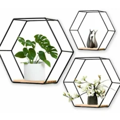 Hyllor>Vägghylla, set om 3 hexagonala hyllor i metall och trä, för kök, badrum, sovrum, väggdekoration (svart)