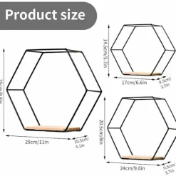 Hyllor>Vägghylla, set om 3 hexagonala hyllor i metall och trä, för kök, badrum, sovrum, väggdekoration (svart)