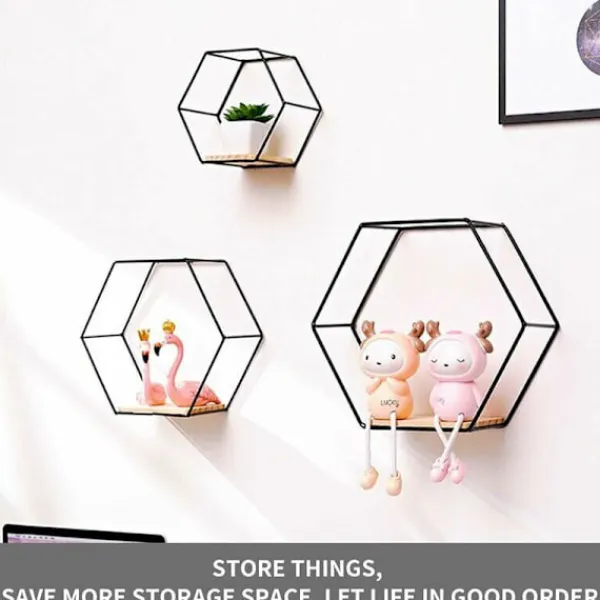 Hyllor>Vägghylla, set om 3 hexagonala hyllor i metall och trä, för kök, badrum, sovrum, väggdekoration (svart)
