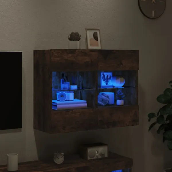 vidaXL Tv-Bänkar>Väggmonterad tv-bänk LED rökfärgad ek 78,5x30x60,5 cm