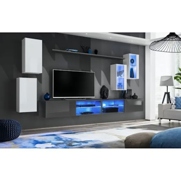 AC-DÉCO Tv-Bänkar>Väggmonterad TV-möbel Set Switch XXV - L 280 x P 40 x H 140 cm - Grå och vit