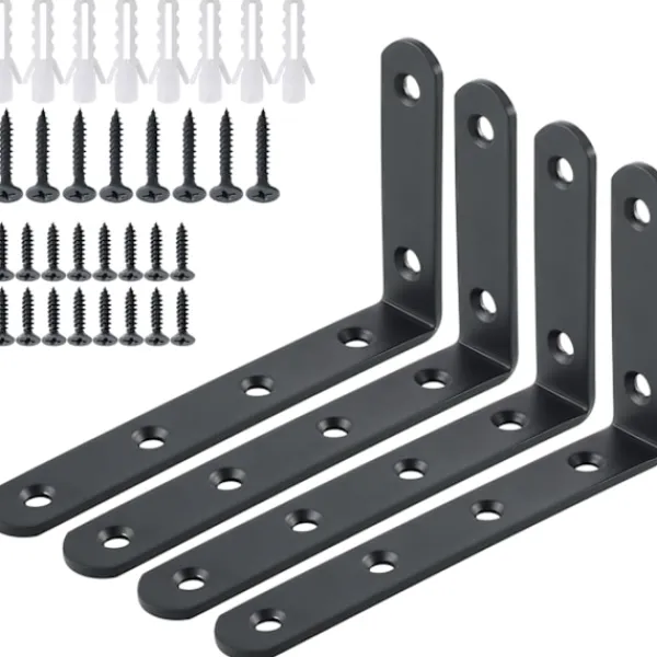 Hyllor>Väggmonterade hyllkonsoler Stämplad metallkonsol Hörnfäste för hängande hylla, 125 mm x 75 mm, rostfritt stål matt svart finish, 4 st