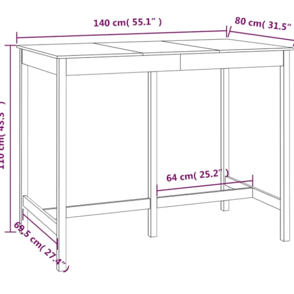 vidaXL Balkongmöbler>Barbord honungs 140x80x110 cm massivt furuträ