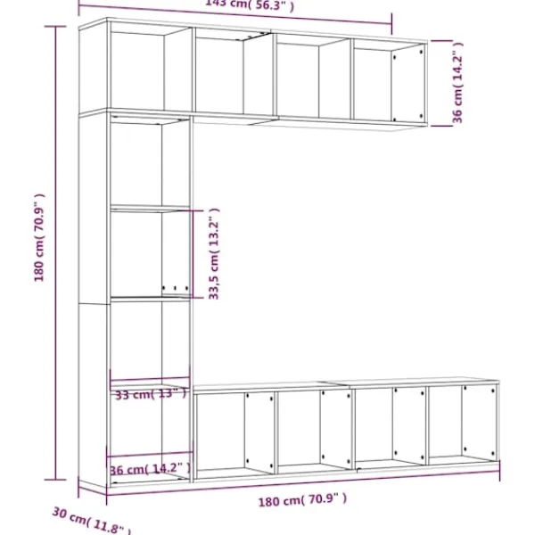 vidaXL Tv-Bänkar>Bokhylla/TV-bänk 3 delar set grå sonoma 180x30x180 cm Grå