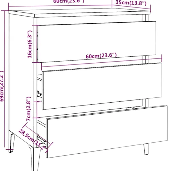 vidaXL Byråer>Byrå ek 60x35x69 cm konstruerat trä
