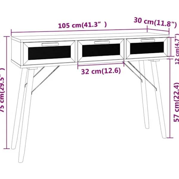 vidaXL Småbord>Konsolbord 105x30x75 cm massiv furu och naturlig rotting