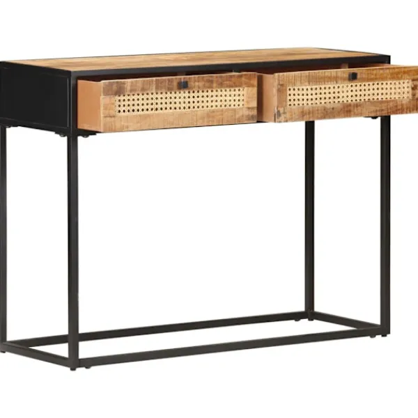 vidaXL Småbord>Konsolbord 100x35x75 cm grovt mangoträ och naturlig rotting