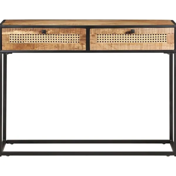 vidaXL Småbord>Konsolbord 100x35x75 cm grovt mangoträ och naturlig rotting