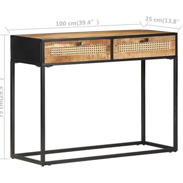 vidaXL Småbord>Konsolbord 100x35x75 cm grovt mangoträ och naturlig rotting