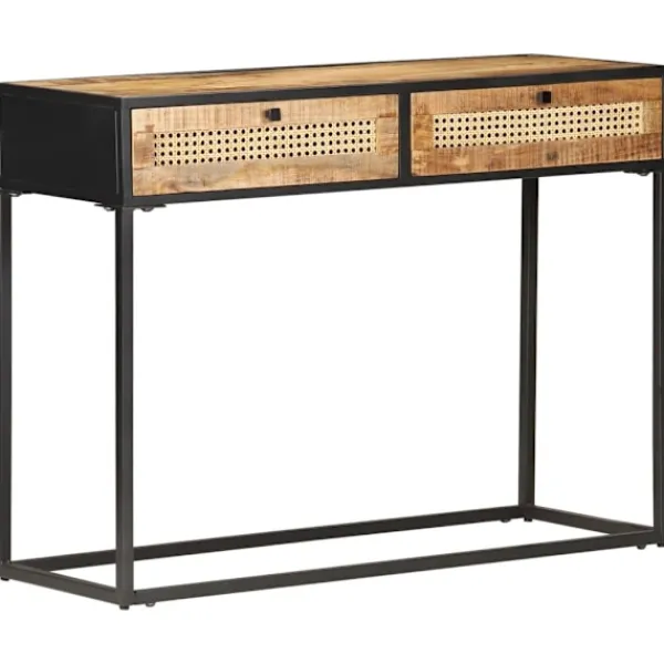 vidaXL Småbord>Konsolbord 100x35x75 cm grovt mangoträ och naturlig rotting