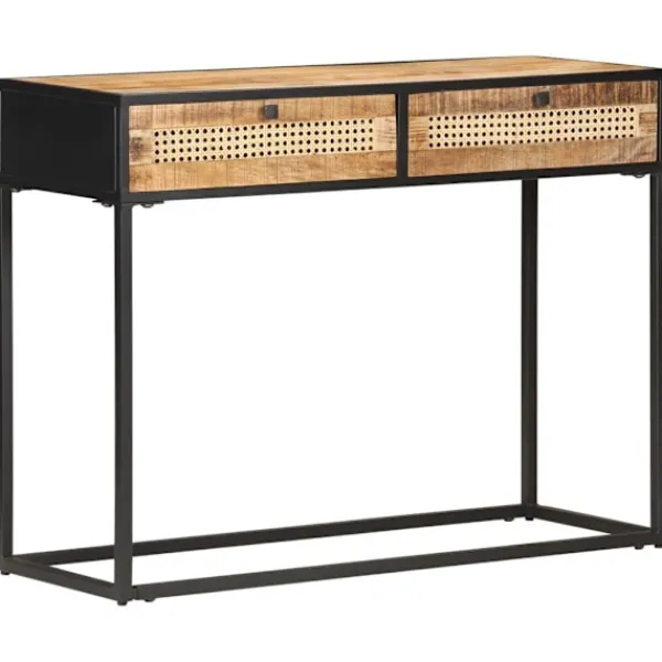 vidaXL Småbord>Konsolbord 100x35x75 cm grovt mangoträ och naturlig rotting