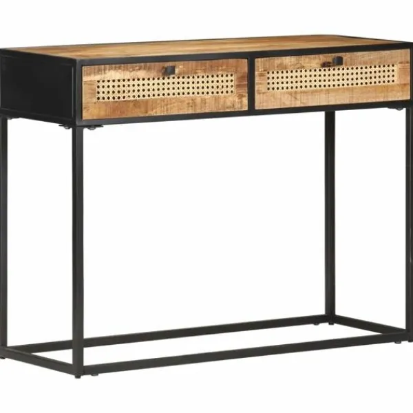 vidaXL Småbord>Konsolbord 100x35x75 cm grovt mangoträ och naturlig rotting