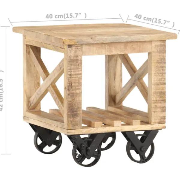 vidaXL Småbord>Sidobord med hjul 40x40x42 cm grovt mangoträ
