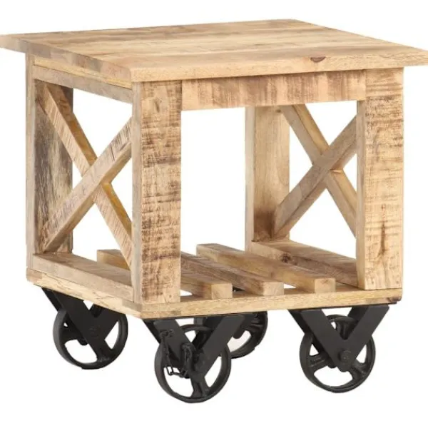 vidaXL Småbord>Sidobord med hjul 40x40x42 cm grovt mangoträ