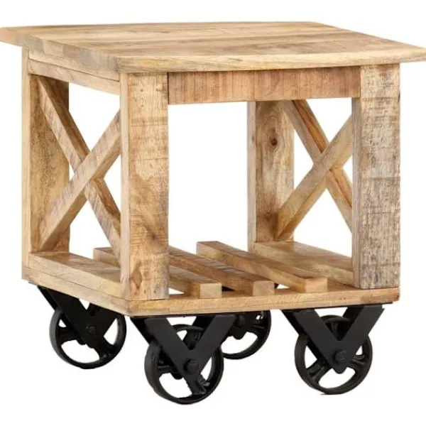 vidaXL Småbord>Sidobord med hjul 40x40x42 cm grovt mangoträ