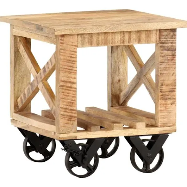 vidaXL Småbord>Sidobord med hjul 40x40x42 cm grovt mangoträ