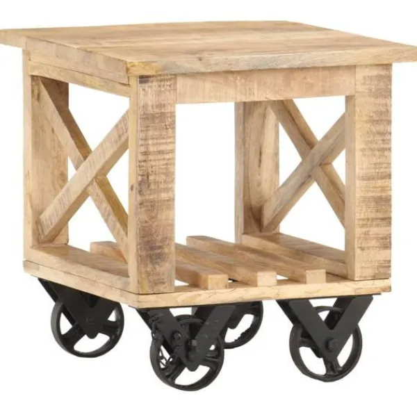 vidaXL Småbord>Sidobord med hjul 40x40x42 cm grovt mangoträ