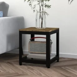 vidaXL Småbord>Sidobord mörk och svart 40x40x45 cm MDF och järn