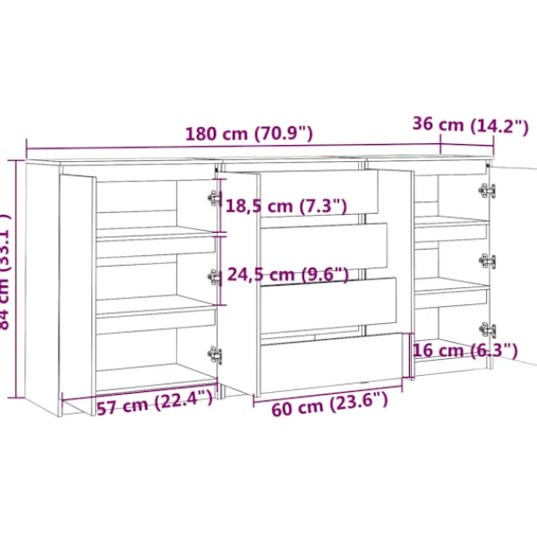 vidaXL Sideboards>Skänk 3 delar massiv furu