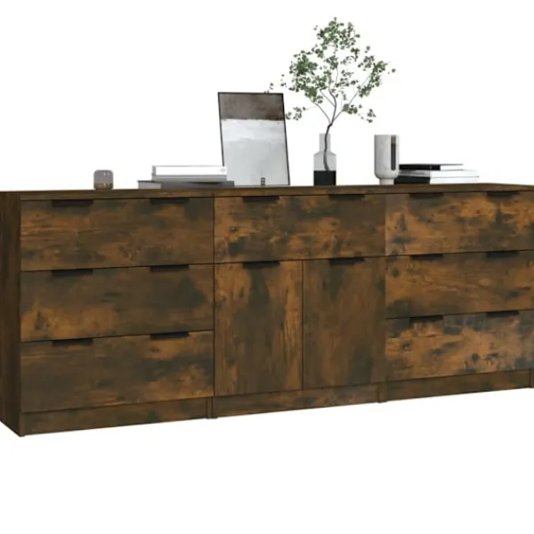 vidaXL Sideboards>Skänk 3 delar rökfärgad ek konstruerat trä