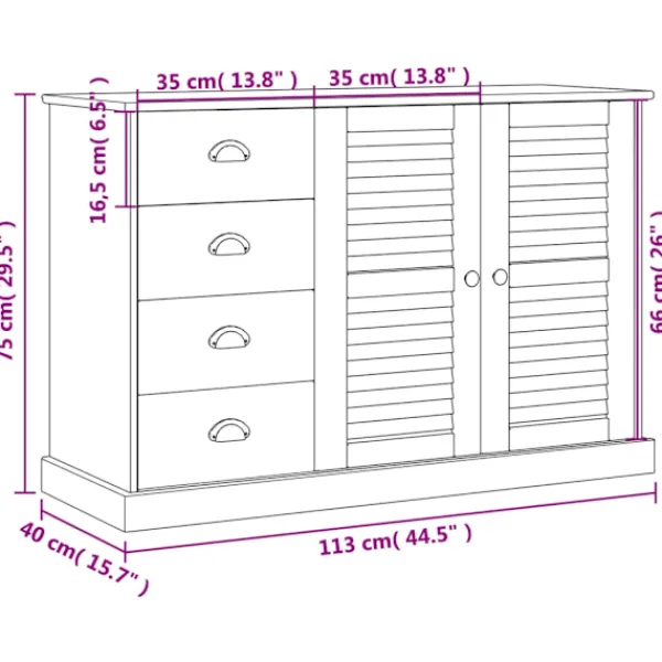 vidaXL Byråer>Skänk med lådor VIGO 113x40x75 cm massiv furu