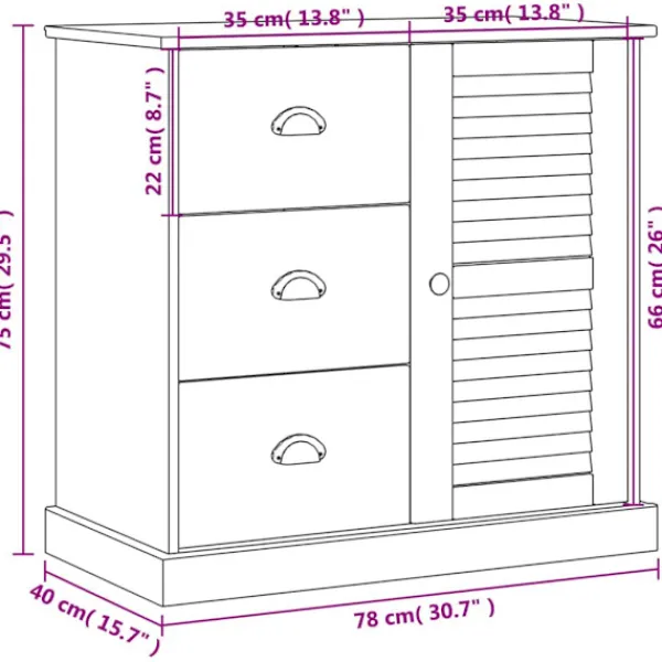 vidaXL Byråer>Skänk med lådor VIGO 78x40x75 cm massiv furu