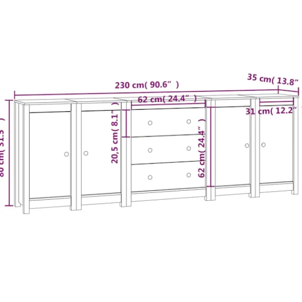 vidaXL Sideboards>Skänk 230x35x80 cm massiv furu