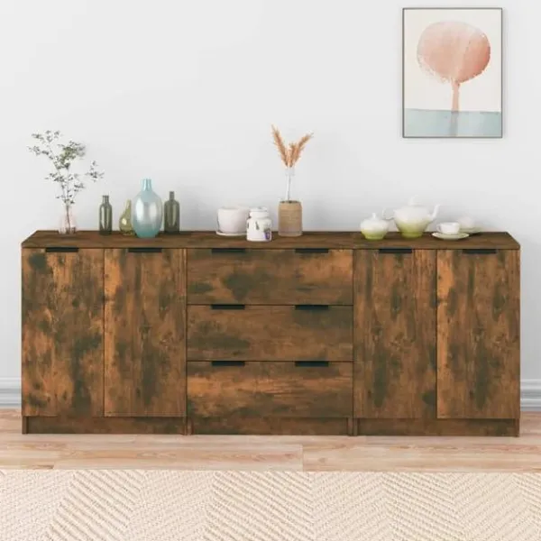 vidaXL Sideboards>Skänkar 3 delar rökfärgad ek konstruerat trä