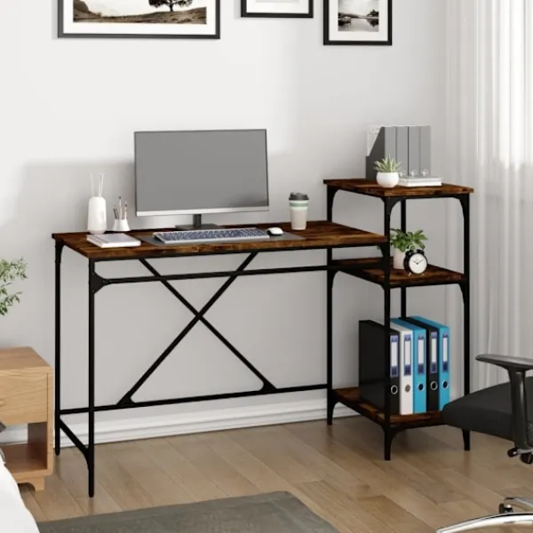 vidaXL Kontorsmöbler>Skrivbord m. hyllor rökfärgad 135x50x90cm konstruerat trä&järn