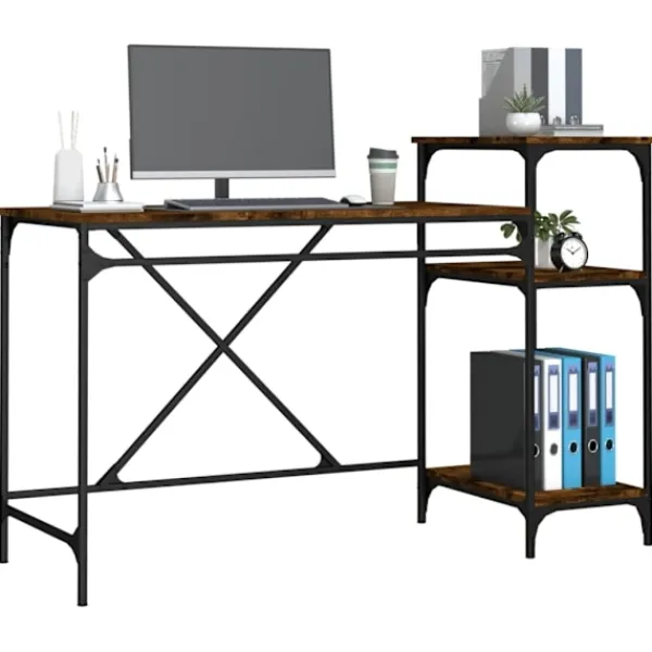 vidaXL Kontorsmöbler>Skrivbord m. hyllor rökfärgad 135x50x90cm konstruerat trä&järn
