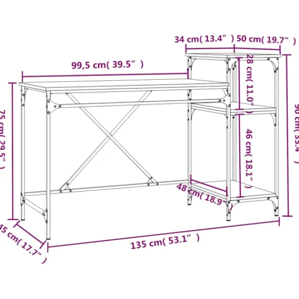 vidaXL Kontorsmöbler>Skrivbord m. hyllor rökfärgad 135x50x90cm konstruerat trä&järn