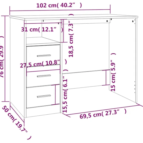vidaXL Kontorsmöbler>Skrivbord med lådor 102x50x76 cm konstruerat trä