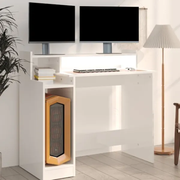 vidaXL Kontorsmöbler>Skrivbord med LED högglans 97x45x90 cm konstruerat trä