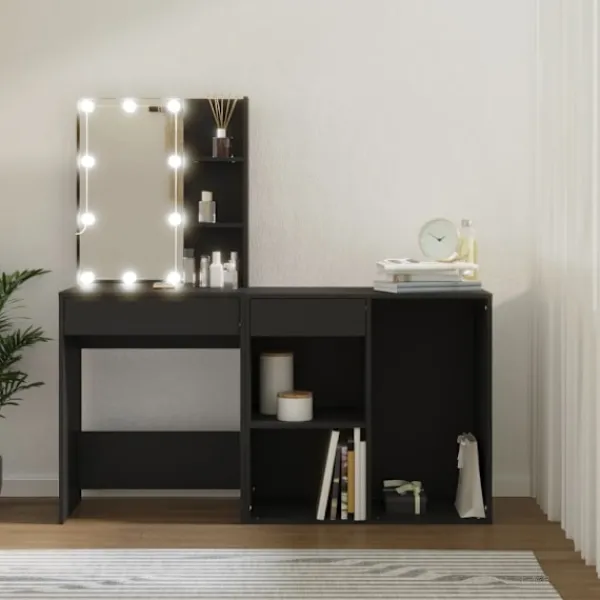 vidaXL Sminkbord>Sminkbord LED med skåp konstruerat trä