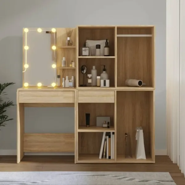 vidaXL Sminkbord>Sminkbord LED med 2 skåp sonoma-ek konstruerat trä