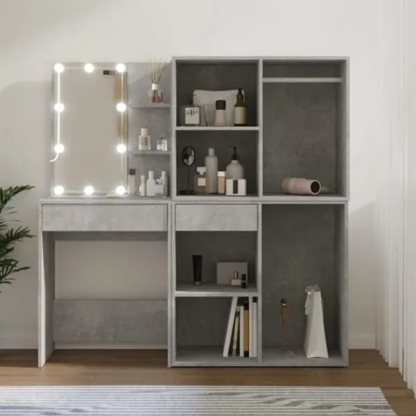 vidaXL Sminkbord>Sminkbord LED med 2 skåp betong konstruerat trä