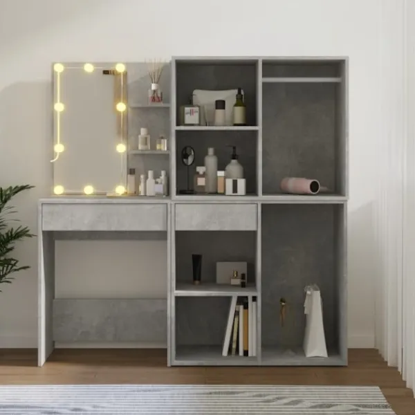 vidaXL Sminkbord>Sminkbord LED med 2 skåp betong konstruerat trä