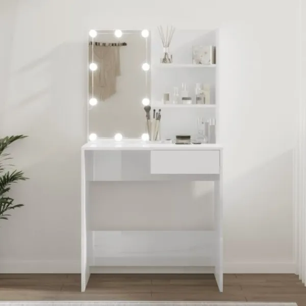 vidaXL Sminkbord>Sminkbord med LED högglans 74,5x40x141 cm