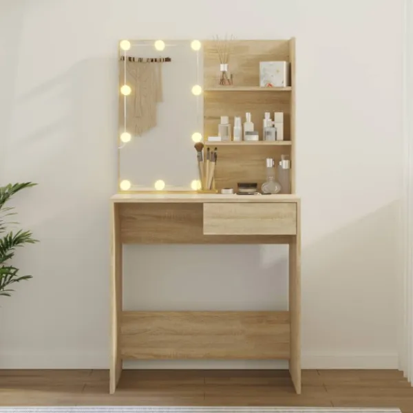 vidaXL Sminkbord>Sminkbord med LED sonoma-ek 74,5x40x141 cm konstruerat trä