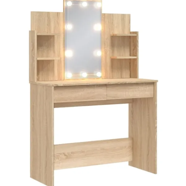 vidaXL Sminkbord>Sminkbord med LED sonoma-ek 96x40x142 cm